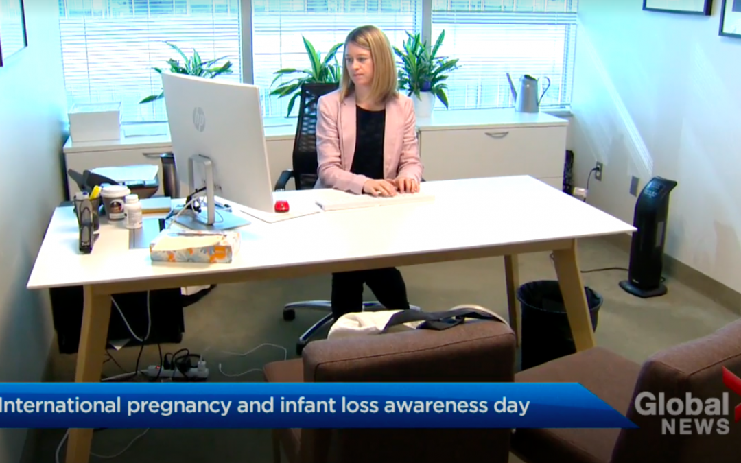A news still of Dr. Jennifer Fitzgerald at a desk. Bottom text states: International pregnancy and infant loss awareness day. Logo: Global News.
