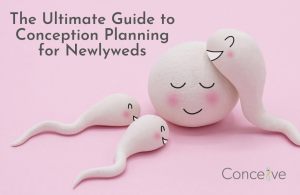 The ultimate guide to conception planning for newlyweds. A model of three smiling sperm next to a smiling egg. Logo: Conceive.