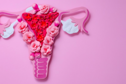 A model of the female reproductive tract with the uterus made of flowers.