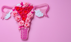 A model of the female reproductive tract with the uterus made of flowers.