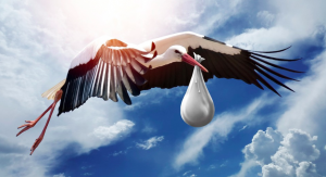A stork carrying a package.