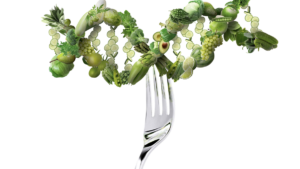 A fork touching green vegetables and fruit shaped to resemble D N A.
